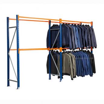 Rayonnage pour vêtement  280 kg par niveau, échelles bleues, lisses orange